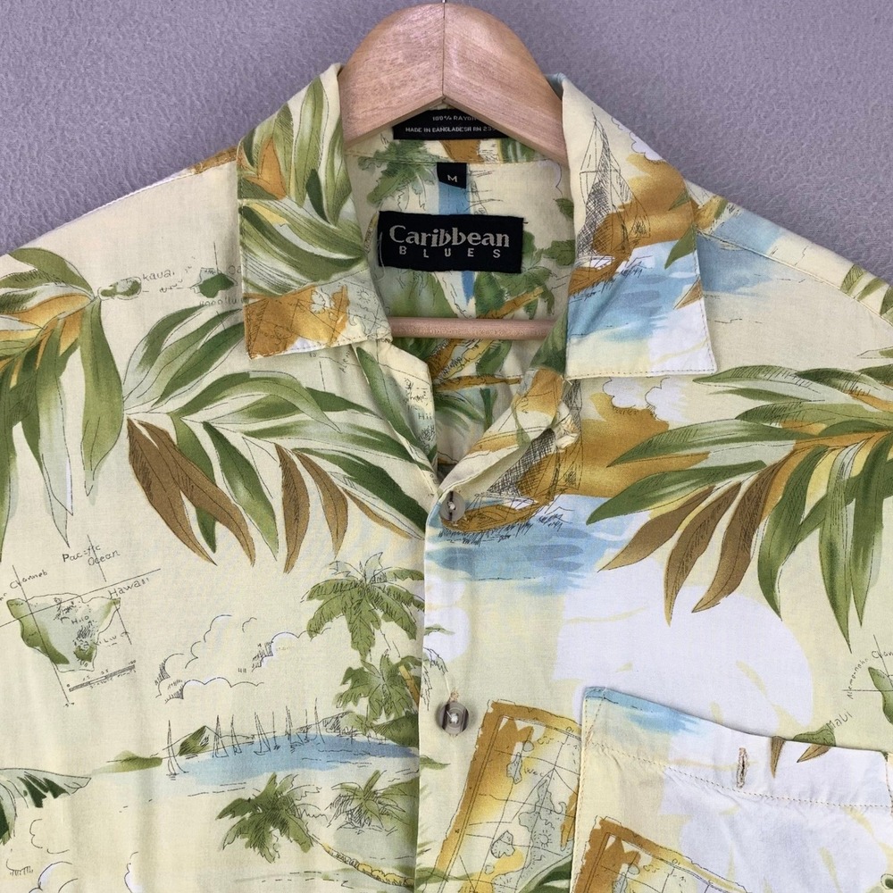 Caribbean Blues Aloha Shirt Mens Medium Yellow Tropical Map Rayon‎ Camp Hawaiian